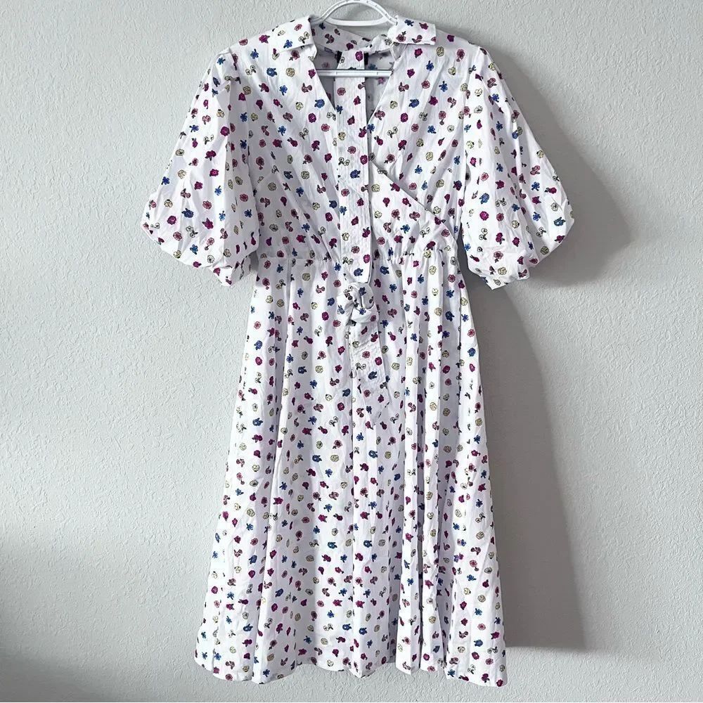 Tahari White Floral Printed Balloon Short-Sleeve Collared Wrap Dress Size S